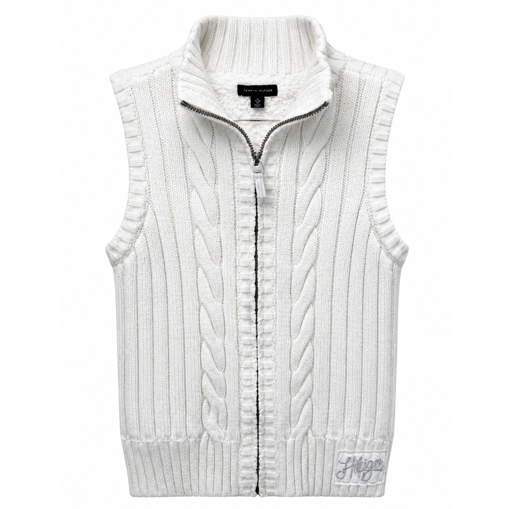 Tommy Hilfiger Sweater Vest Girls XL Faux Fur Lined White Cable Knit Zip Up 2015